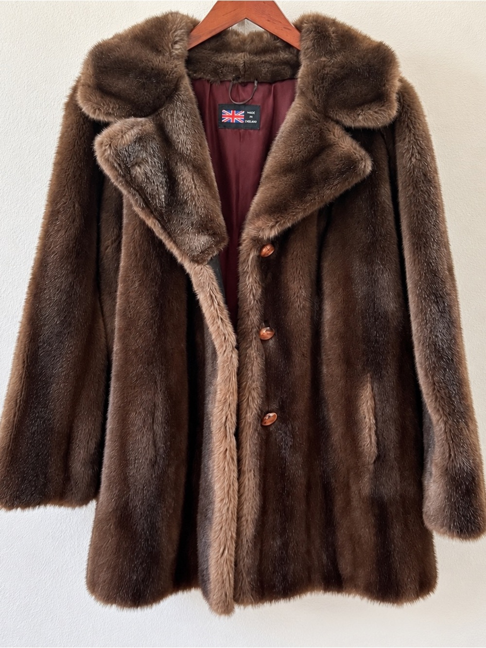 Vintage Brown Faux Fur Coat Made in England Plush Oversized Collar